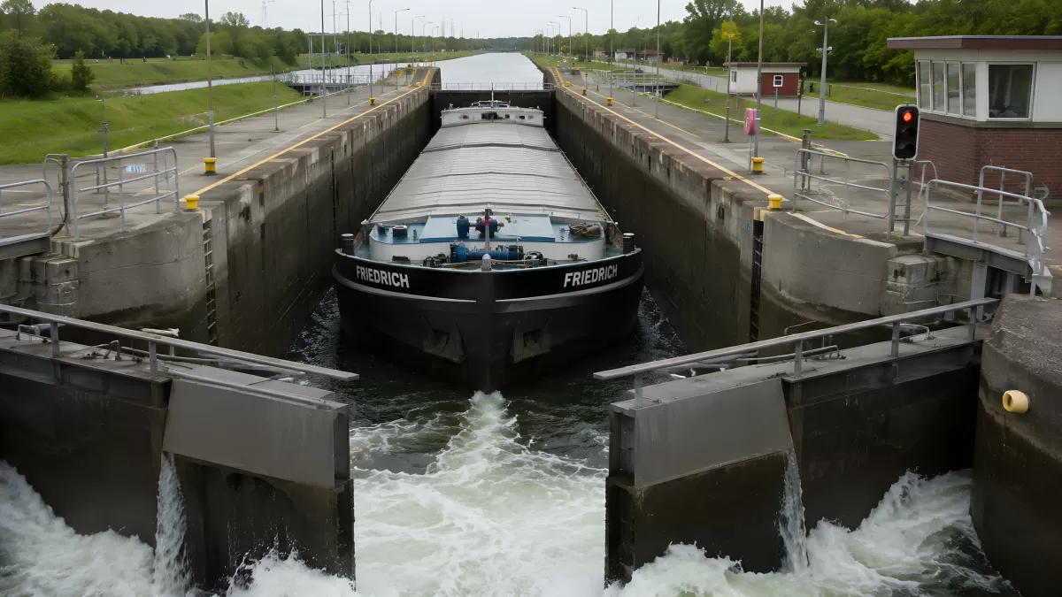 Frachtschiff Friedrich durchquert Kanalschleuse
