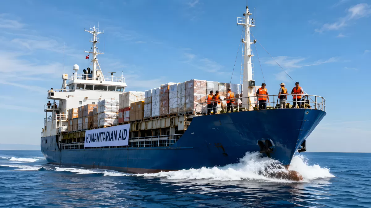 Frachtschiff mit humanitärer Hilfe auf hoher See