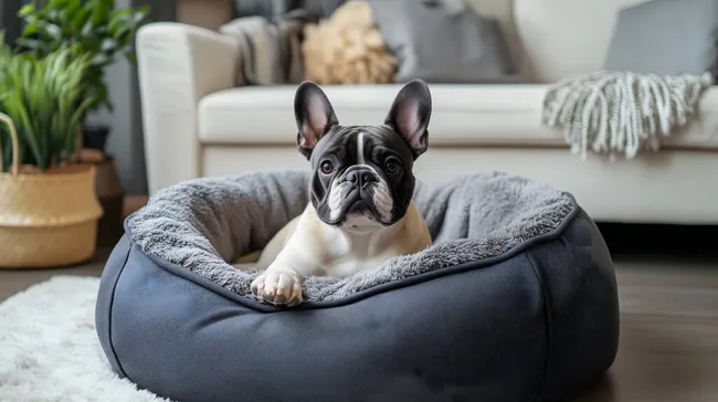 Französische Bulldogge entspannt im gemütlichen Hundebett