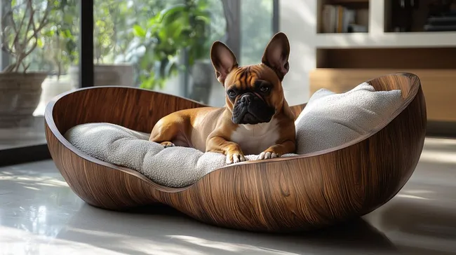 Französische Bulldogge in modernem Hundebett