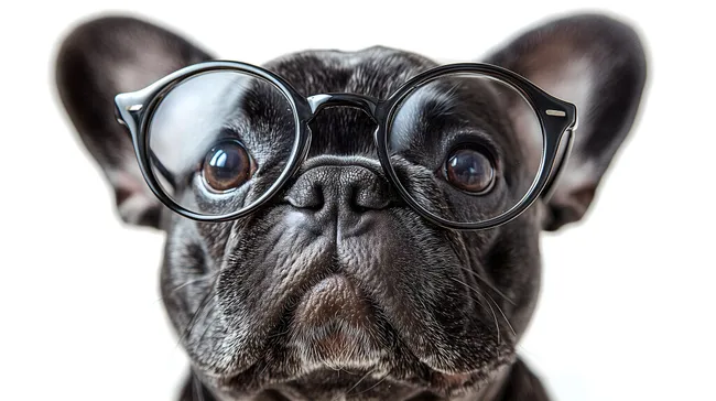 Französische Bulldogge mit Brille auf weißem Hintergrund