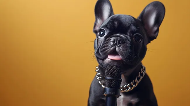 Französische Bulldogge mit Mikrofon und Kette