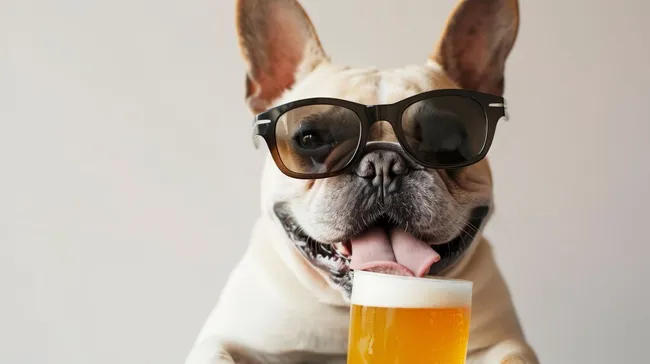 Französische Bulldogge mit Sonnenbrille und Bierglas