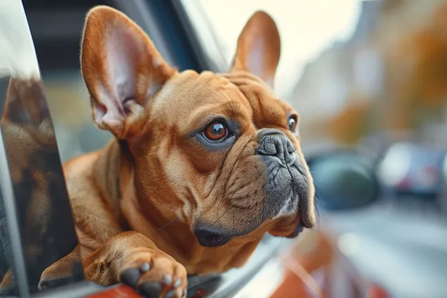 Französische Bulldogge schaut aus dem Autofenster