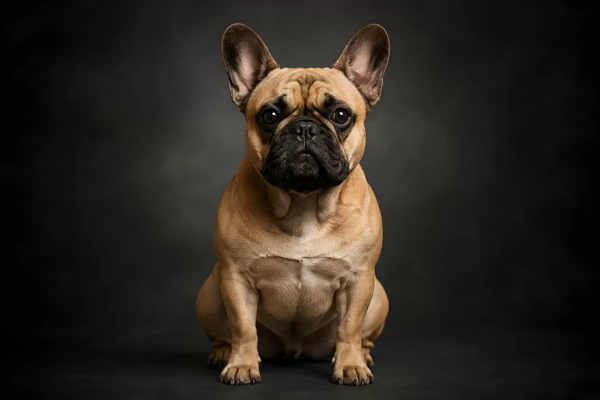 Französische Bulldogge sitzt vor dunklem Hintergrund