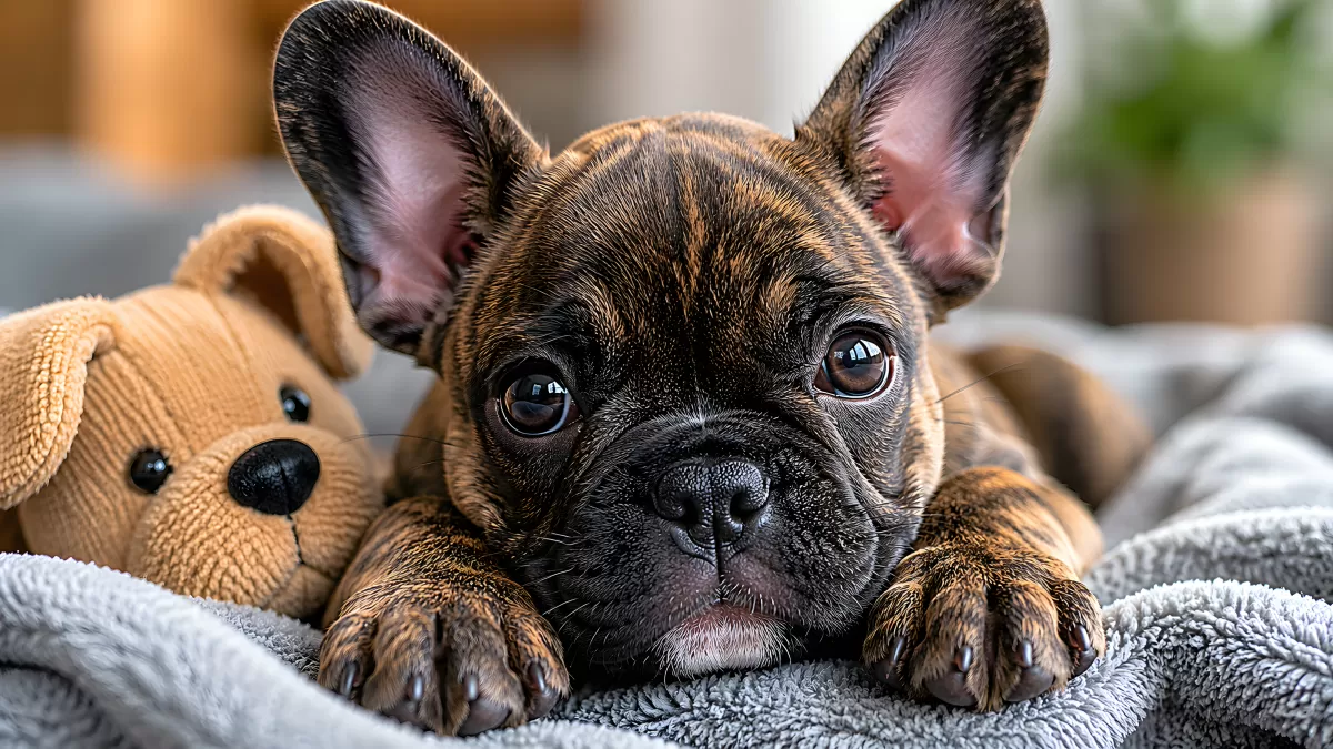 Französische Bulldogge Welpe liegt auf grauer Decke