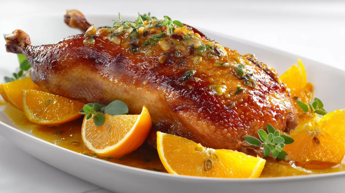 Französische Ente in Orangensauce auf Servierteller
