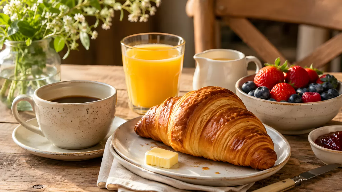 Französisches Frühstück mit Croissant und Beeren