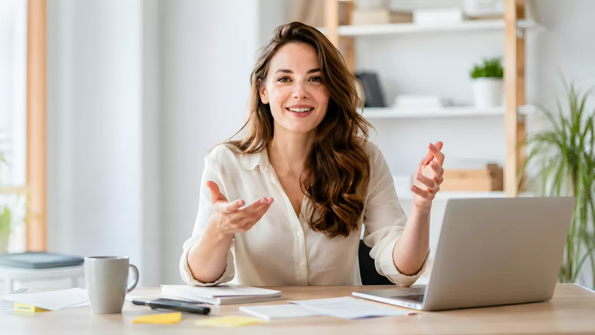 Frau am Schreibtisch erklärt begeistert im Homeoffice