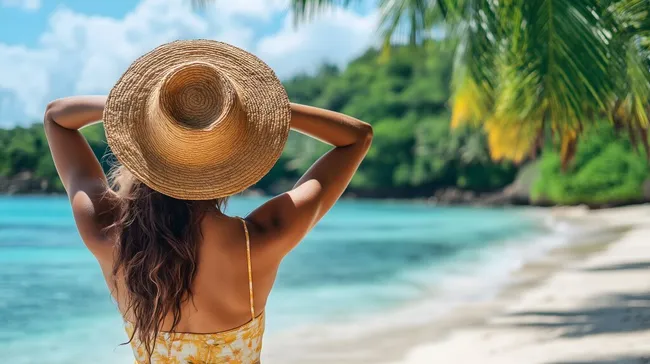 Frau am tropischen Strand mit Strohhut - Sommerurlaub in der Karibik