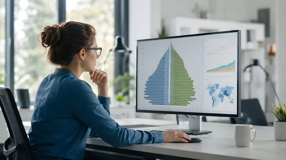 Frau analysiert Datencharts und Diagramme am Monitor