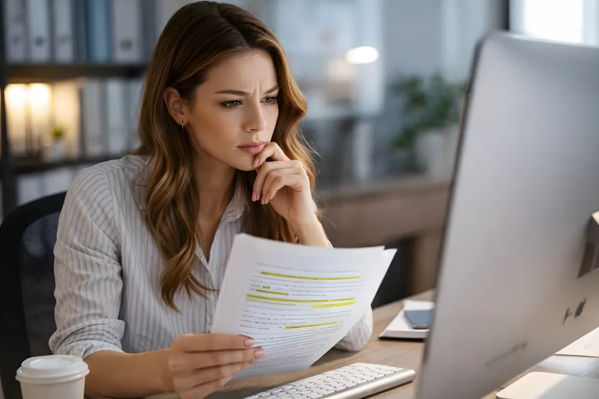 Frau analysiert Dokument mit Textmarkierungen im Büro