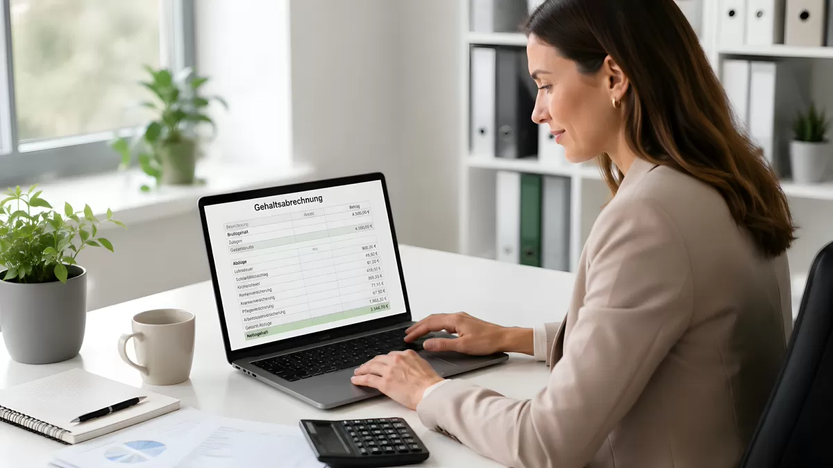 Frau analysiert Gehaltsabrechnung am Laptop im Büro