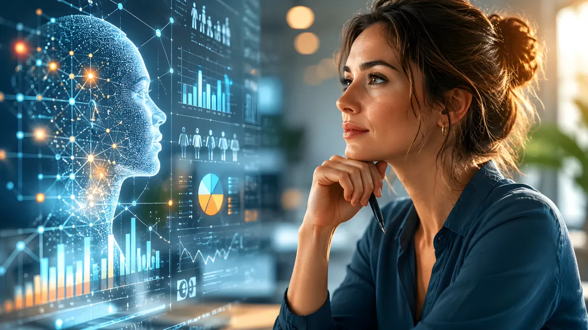 Frau analysiert KI-Daten auf holografischem Dashboard