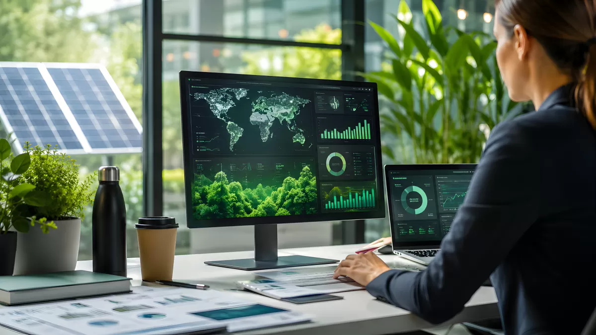 Frau analysiert Nachhaltigkeitsdaten am modernen Arbeitsplatz