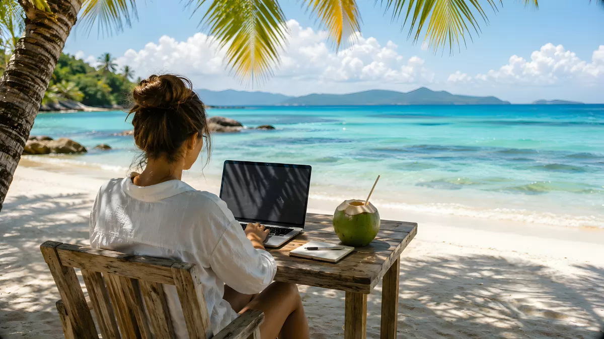 Frau arbeitet am Laptop am tropischen Strand