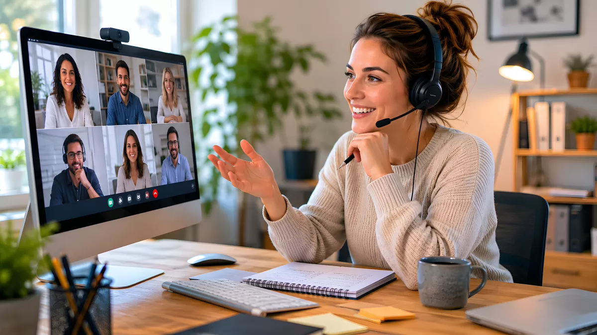 Frau arbeitet im Homeoffice per Videokonferenz