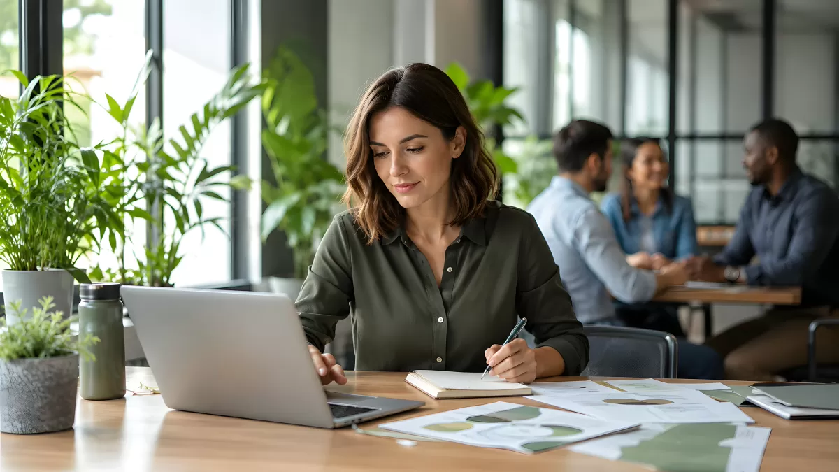 Frau arbeitet konzentriert im modernen Büro am Laptop