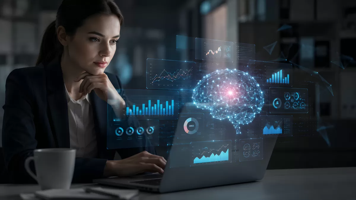 Frau arbeitet mit KI-Hologramm und Datenvisualisierung