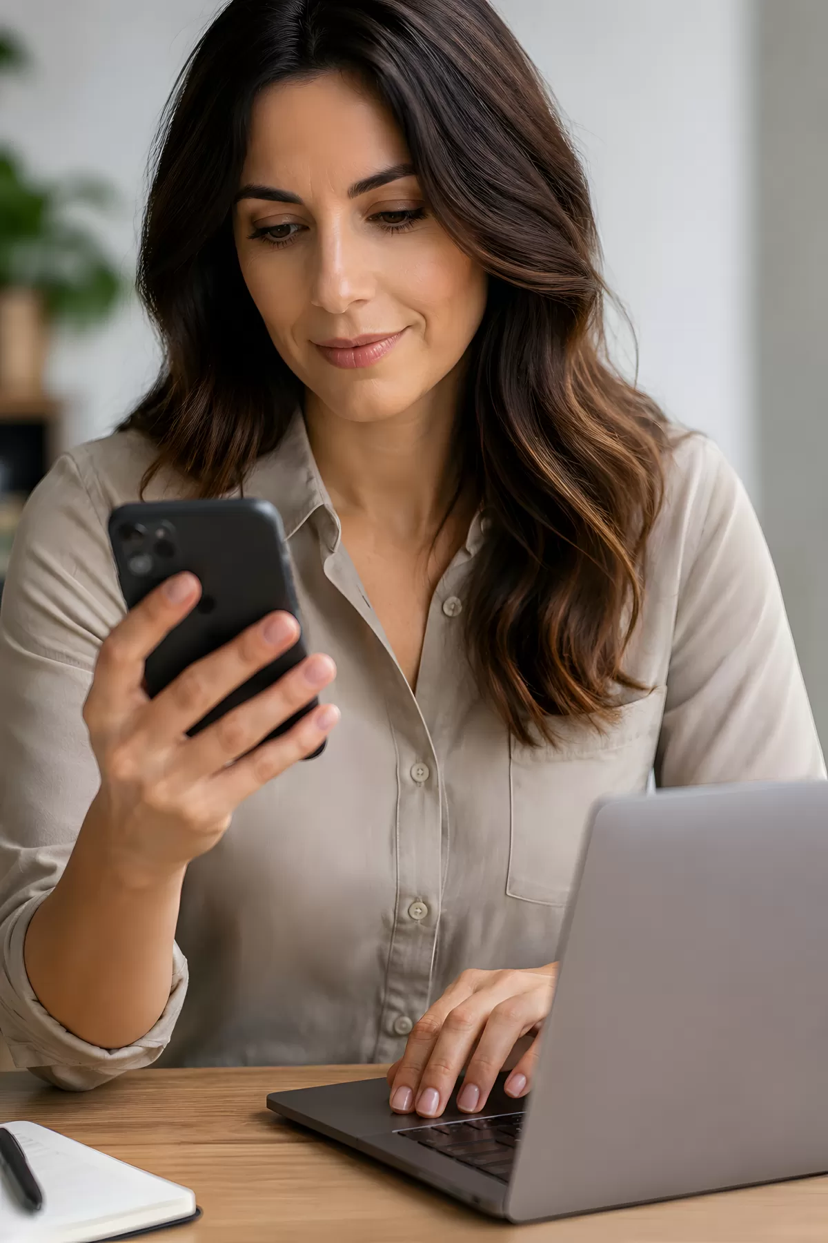 Frau arbeitet mit Smartphone und Laptop am Schreibtisch
