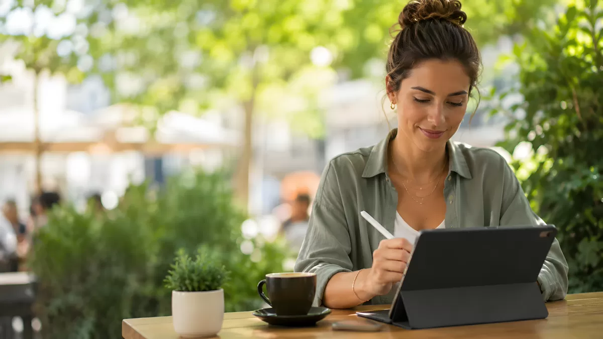 Frau arbeitet mit Tablet und Stift im Straßencafé