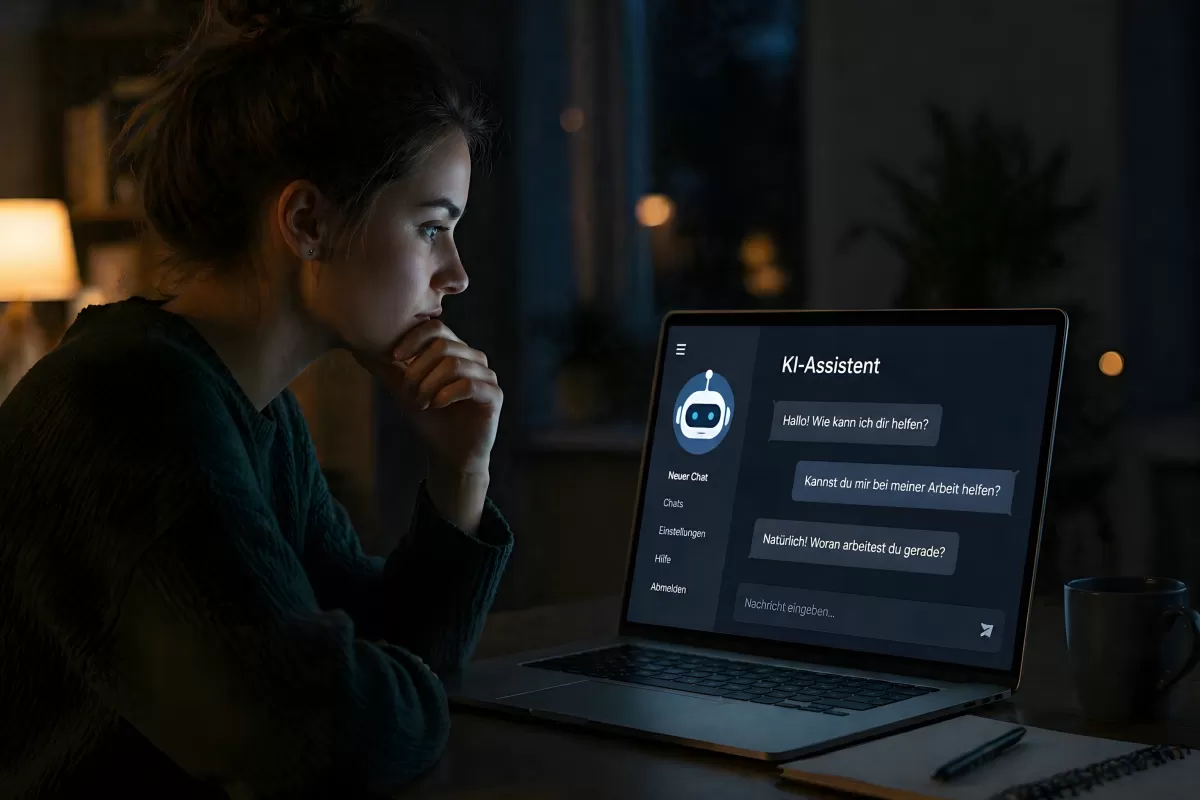 Frau arbeitet nachts mit KI-Assistent am Laptop