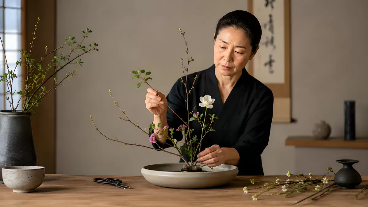 Frau arrangiert Ikebana-Blumenkunst in flacher Schale