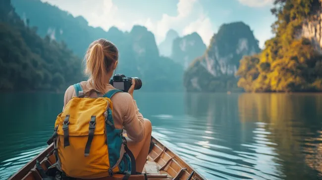 Frau auf Bootsfahrt in malerischer Berglandschaft