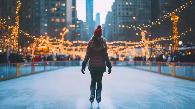 Frau auf einer beleuchteten Eisbahn in New York City