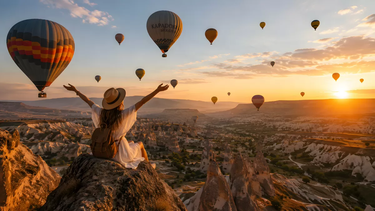 Frau auf Felsen beobachtet Heißluftballons in Kappadokien