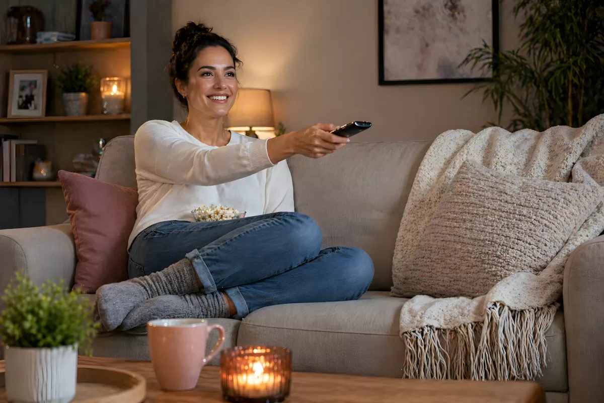 Frau auf Sofa mit Fernbedienung und Popcorn