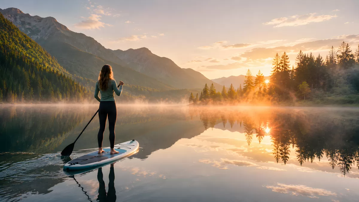 Frau auf Stand-up-Paddle-Board bei Sonnenaufgang am Bergsee
