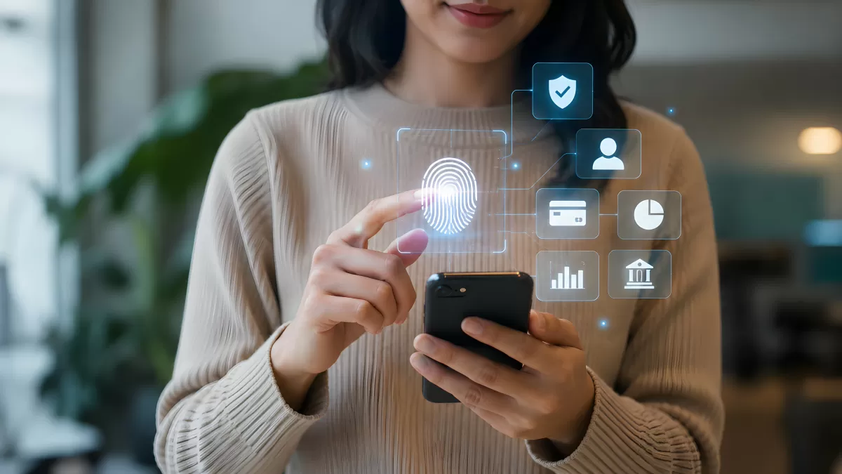 Frau authentifiziert sich per Fingerabdruck am Smartphone