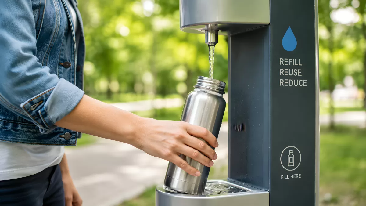 Frau befüllt Edelstahlflasche an öffentlicher Wassertankstelle