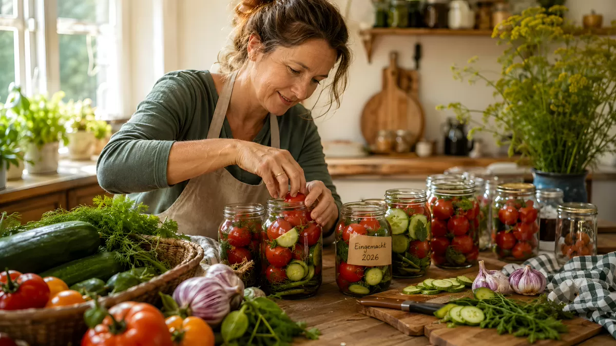 Frau befüllt Einmachgläser mit Tomaten und Gurken