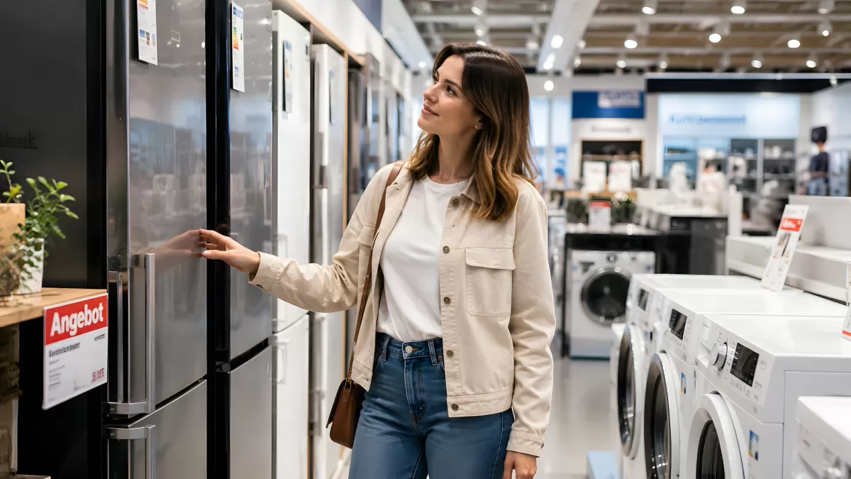 Frau begutachtet Kühlschränke in Elektrofachmarkt