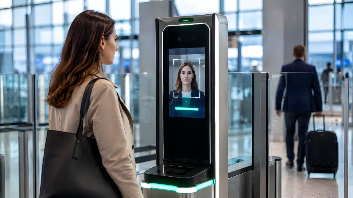 Frau bei biometrischer Gesichtserkennung am Flughafen