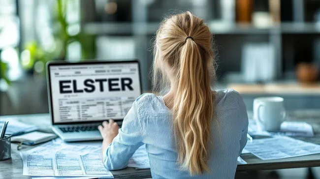 Frau bei der Steuererklärung am Laptop