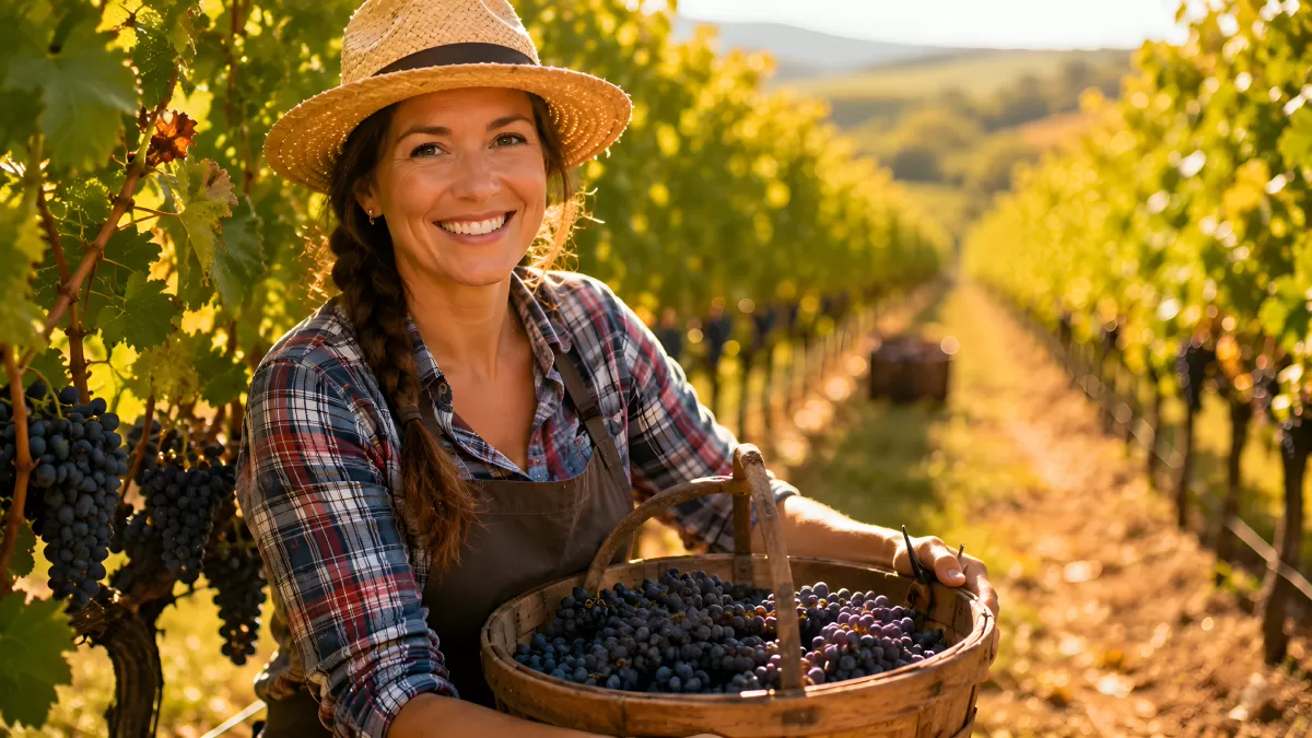 Frau bei der Weinlese hält Korb voller blauer Trauben