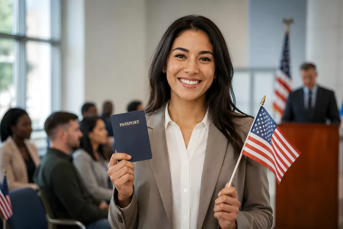 Frau bei Einbürgerungszeremonie mit Pass und US-Flagge
