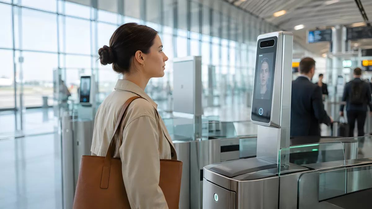 Frau bei Gesichtserkennung am Flughafen-Gate