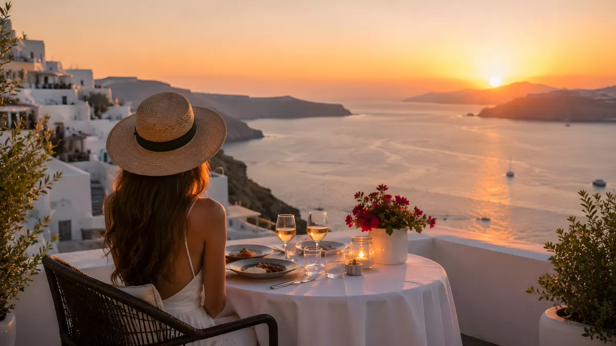 Frau beim Abendessen mit Meerblick bei Sonnenuntergang