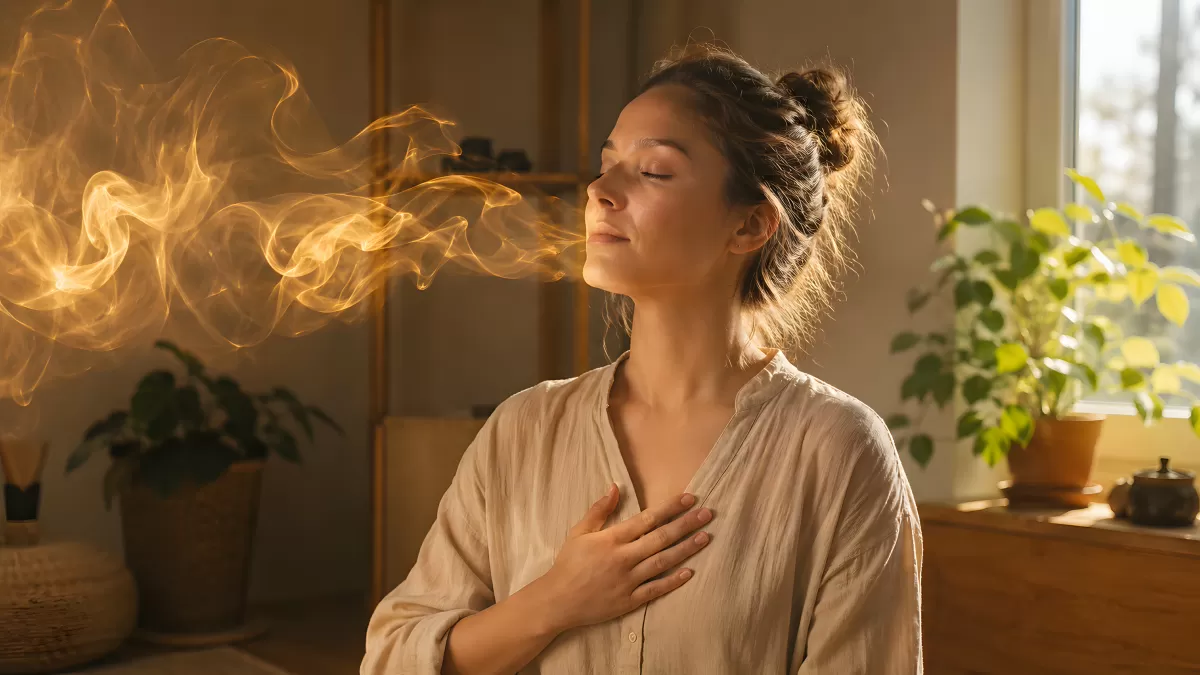 Frau beim Atemübung mit goldenem Lichtwirbel