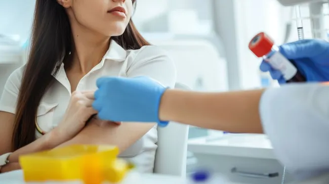 Frau beim Bluttest zur Gesundheitsanalyse im Labor