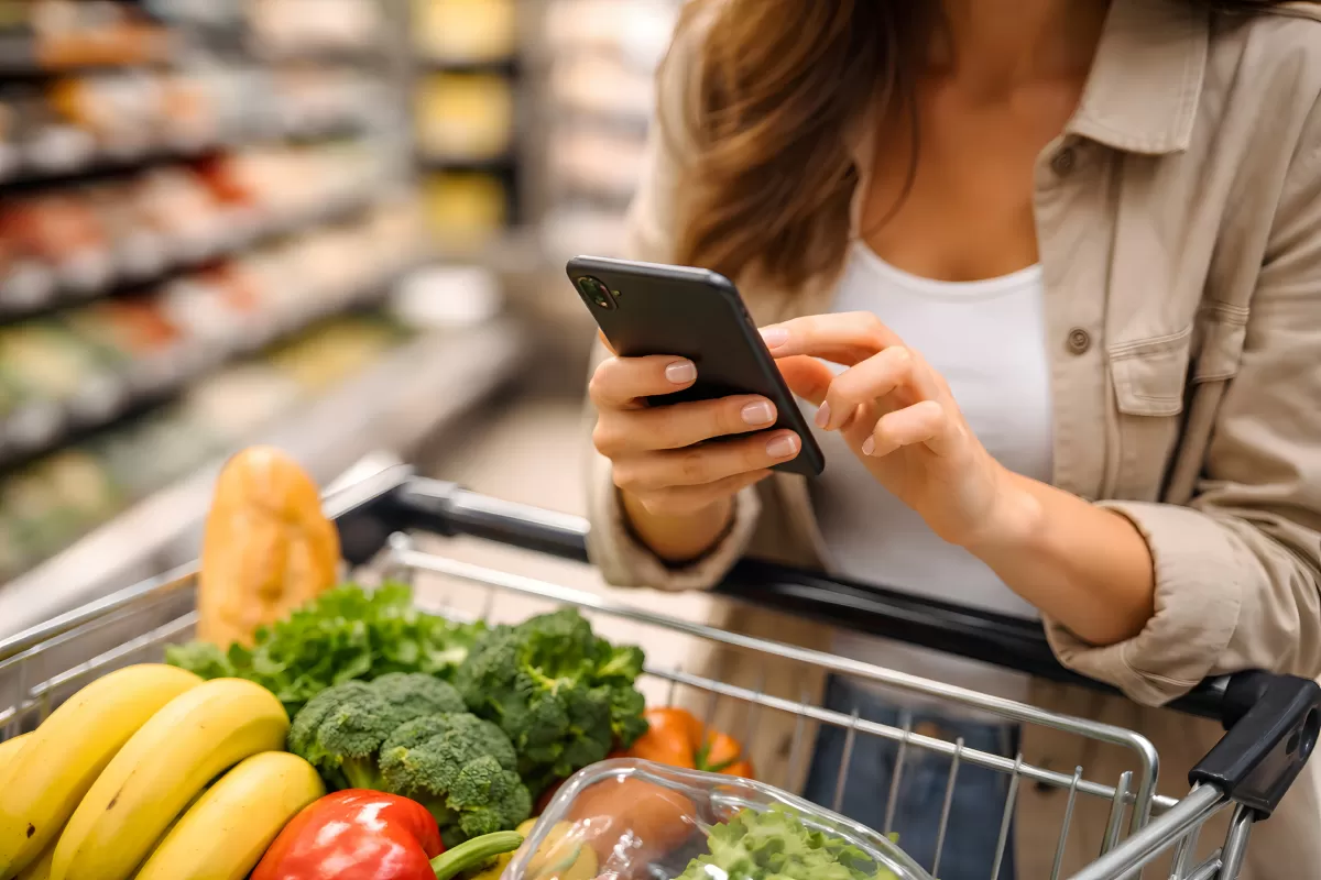 Frau beim Einkaufen mit Smartphone im Supermarkt