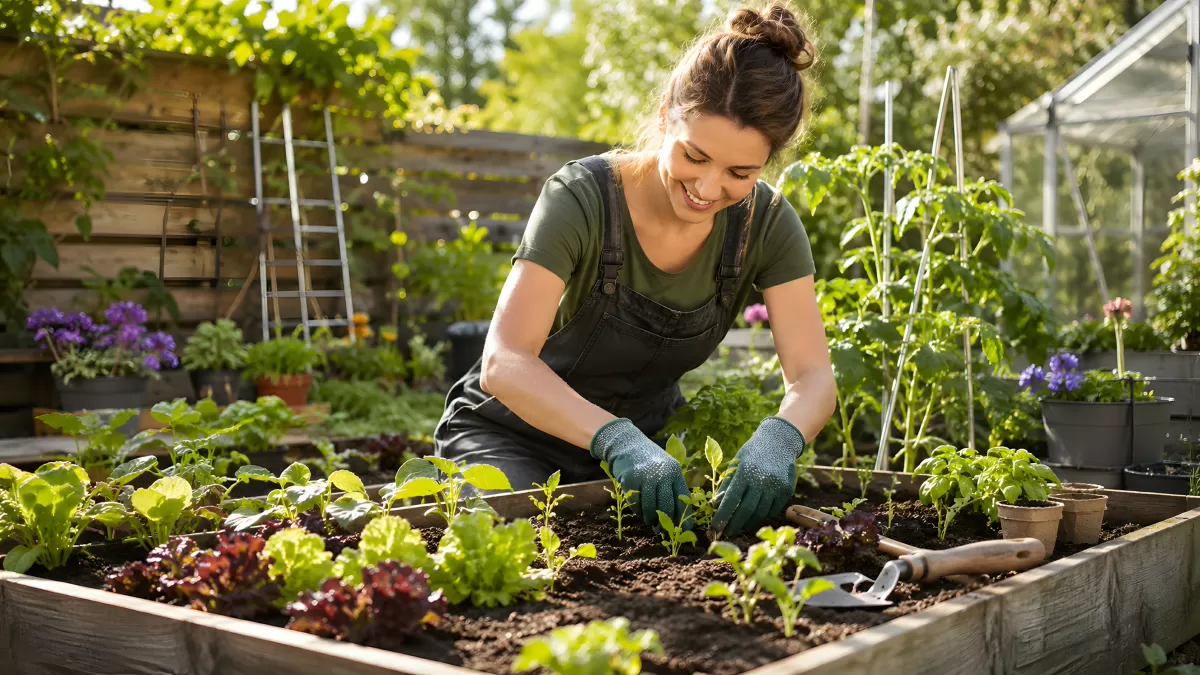 Frau beim Einpflanzen im Hochbeet im Garten
