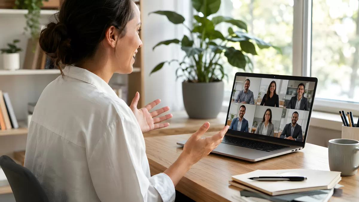 Frau beim Homeoffice-Videocall am Schreibtisch