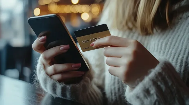 Frau beim Online-Shopping mit Smartphone und Kreditkarte