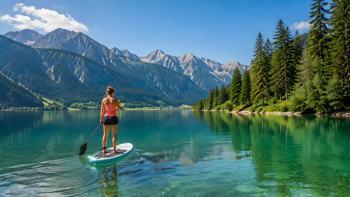 Frau beim Stand-Up-Paddling auf türkisem Bergsee