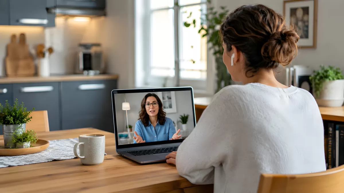 Frau beim Videoanruf mit Ärztin am Laptop zuhause